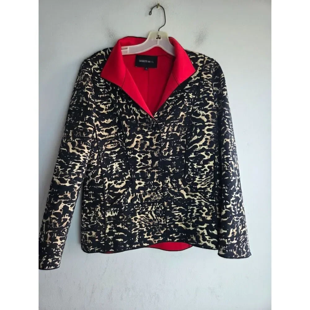 Lafayette 148 Black Leopard Print w/Red Lining Band Collar Blazer Jacket size 6